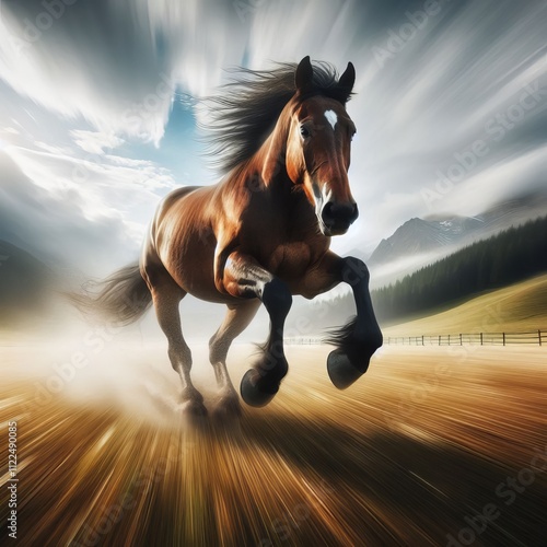 Capture a horse running in a meadow with blurred legs and dynami photo