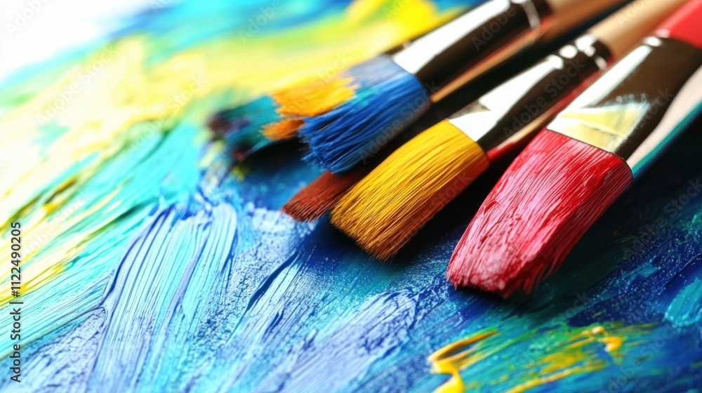 Fototapeta premium Oil painting brushes and applied oil paintings