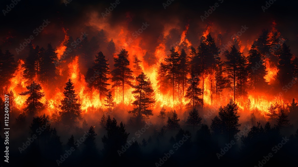 Burning Forest, fiery forest with thick smoke and glowing red-orange flames, evoking despair and highlighting wildfire devastation. Ideal for environmental campaigns and disaster prevention materials.