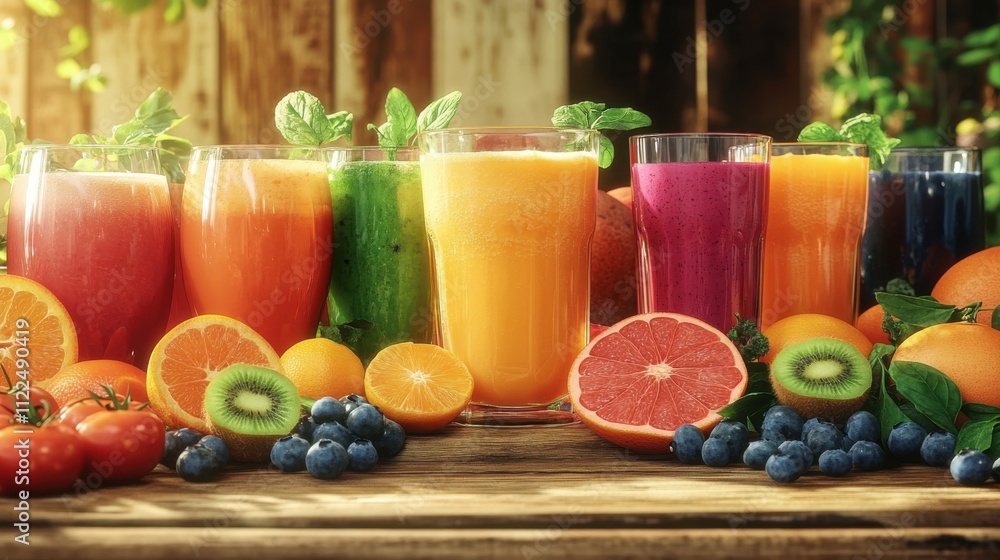 There are various fruits and drinks on the wooden table There are various fruits and drinks on the wooden table