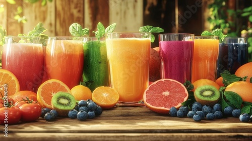 There are various fruits and drinks on the wooden table