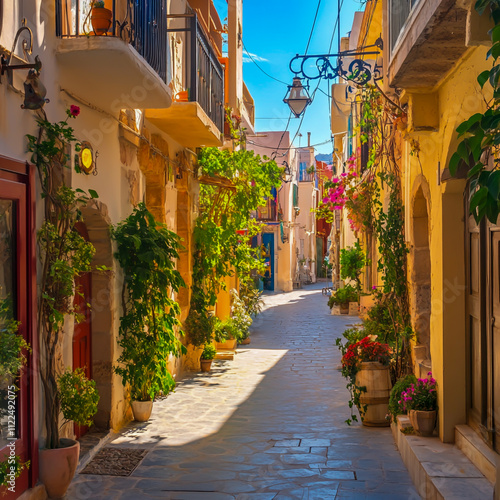 Fototapeta Naklejka Na Ścianę i Meble -  The charming, narrow streets of one of the island's popular destinations, bathed in the warm glow of a sunny morning, showcase traditional architecture with vibrant Mediterranean hues.