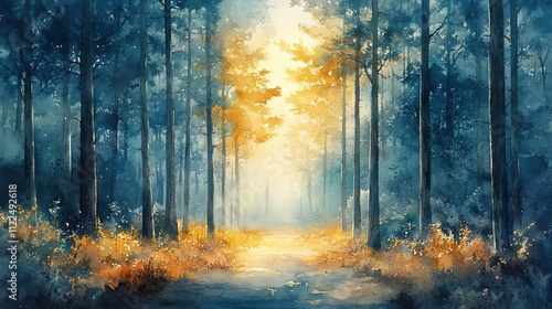 Watercolor painting of a forest. Suitable for nature themed designs, posters, and greeting cards. photo