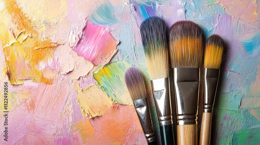 Fototapeta premium Oil painting brushes and applied oil paintings
