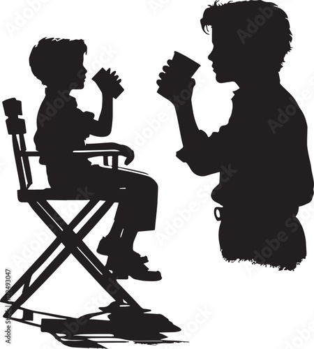 Boy drinking with memory of father  black and white silhouette assets in vector farm 