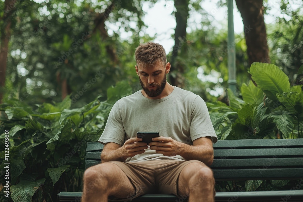 Fototapeta premium Man Sitting on Park Bench Deeply Engrossed in Mobile Phone, Surrounded by Lush Greenery and Nature