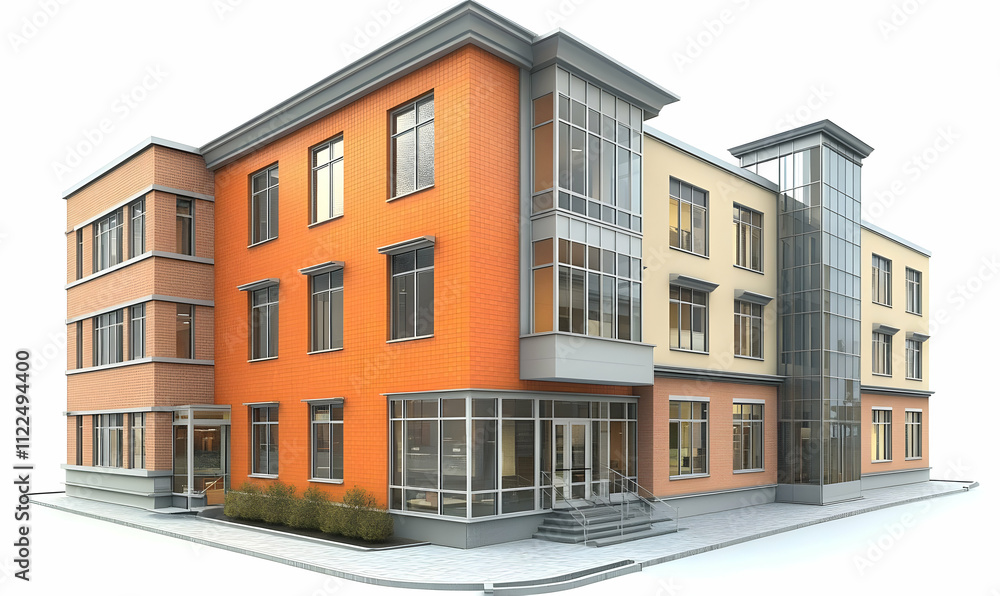 Obraz premium Modern multi-story building with glass and brick facade, designed for office or commercial use.
