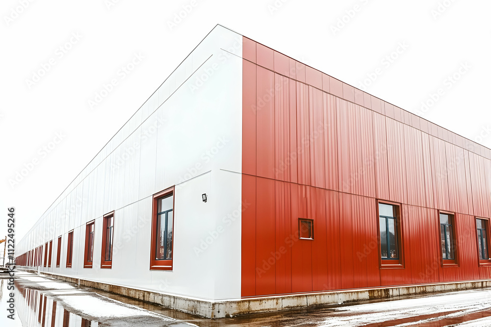 Fototapeta premium A modern industrial building with red and white exterior, featuring large windows.