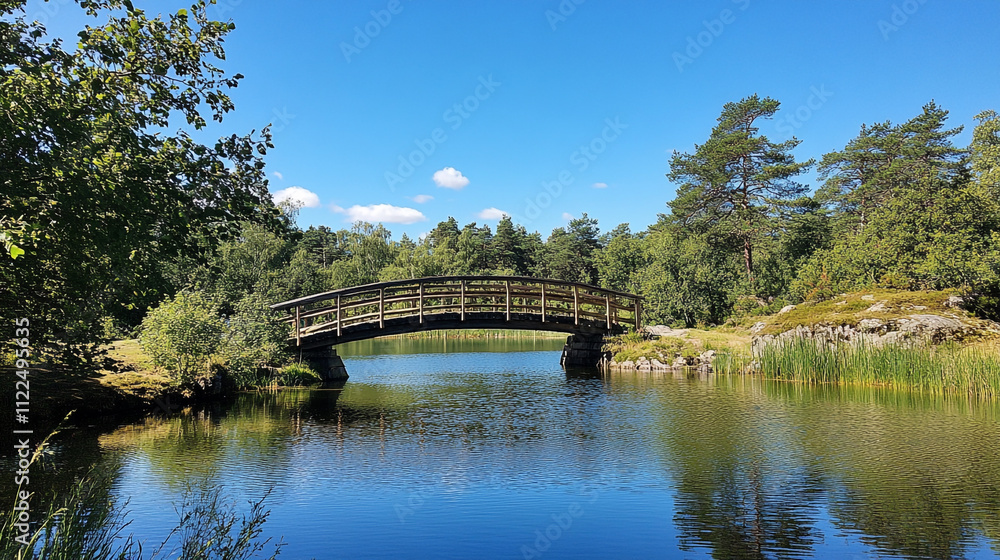 Fototapeta premium Serene wooden bridge reflecting in tranquil water under a clear blue sky