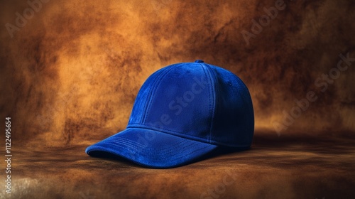 Royal blue cap placed against a warm, textured brown background, offering contrast and depth.