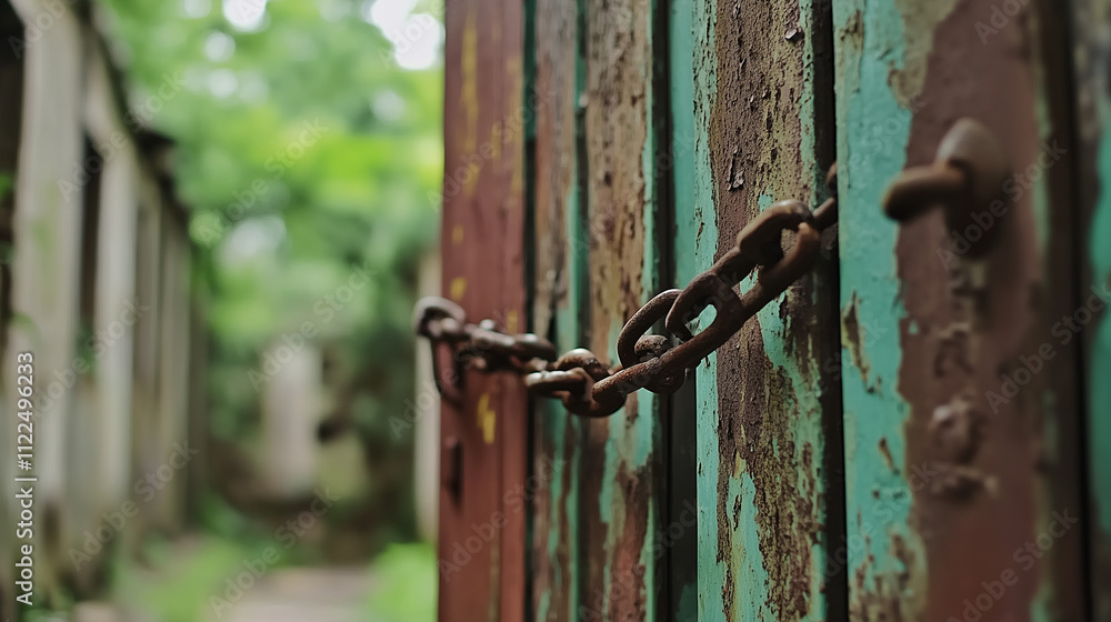 Closed factory gate with chain and padlock, symbolizing the end of an era and the transition to new beginnings. Industrial decline and the shift towards modernization and renewal. Closed factory gate with chain and padlock, symbolizing the end of an era and the transition to new beginnings. Industrial decline and the shift towards modernization and renewal.