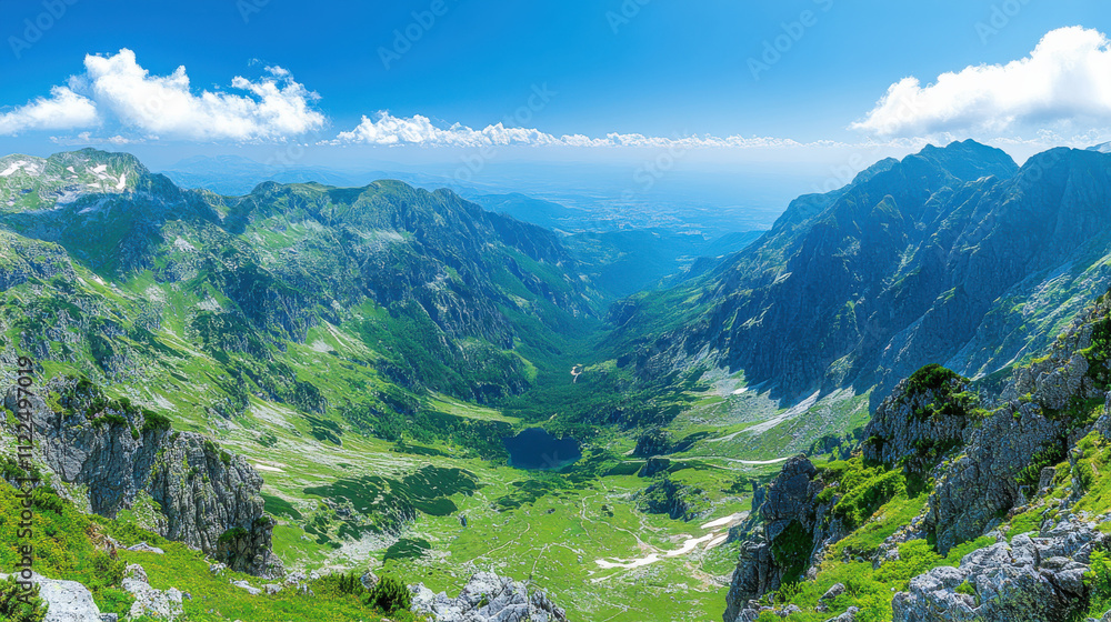 Naklejka premium Breathtaking panoramic view of fantastic mountains of Montenegro, showcasing lush green valleys, rocky peaks, and serene lake under clear blue sky