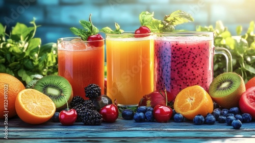 Wallpaper Mural There are various fruits and drinks on the wooden table Torontodigital.ca