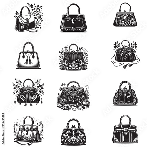 Top Handle Bags for Women, Women handbags collection of fashionable items set vector.