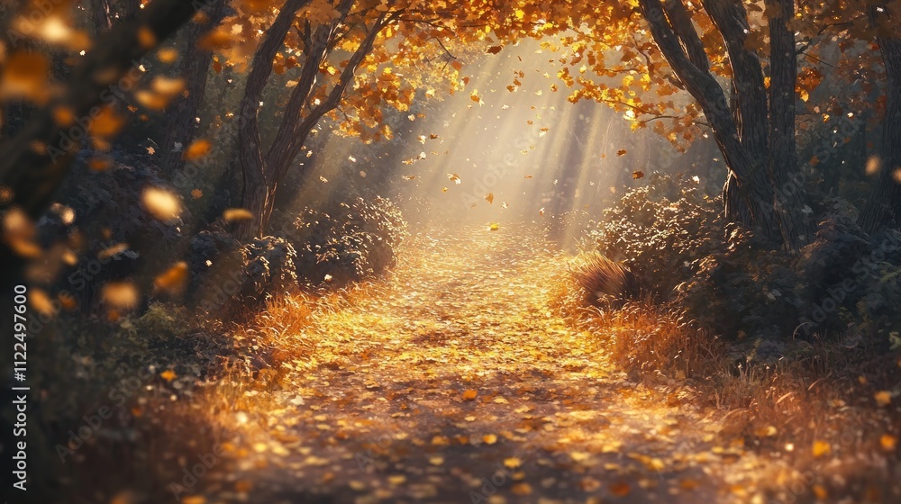 Sunbeams illuminate autumnal path strewn with falling leaves in a magical forest. Sunbeams illuminate autumnal path strewn with falling leaves in a magical forest.