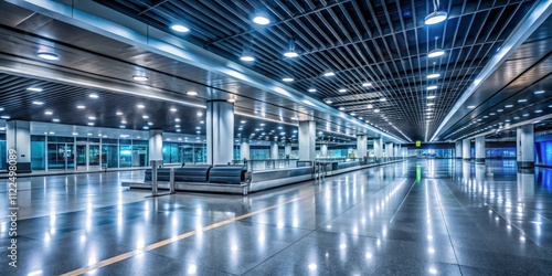 Empty airport terminal, night. Lockdown's long shadow, closed borders, ghostly stillness. Pandemic's travel halt. photo