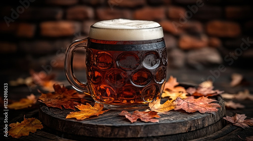 frothy glass of beer sits on wooden surface surrounded by autumn leaves, creating warm and inviting atmosphere. rich amber color of beer contrasts beautifully with rustic background photo