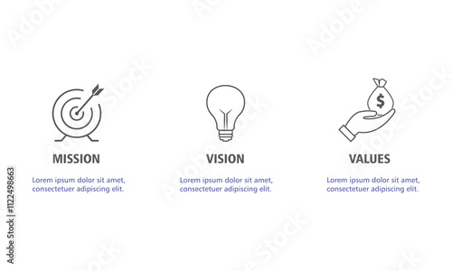 Mission Vision and Values Icon Set with mission statement, vision icon.