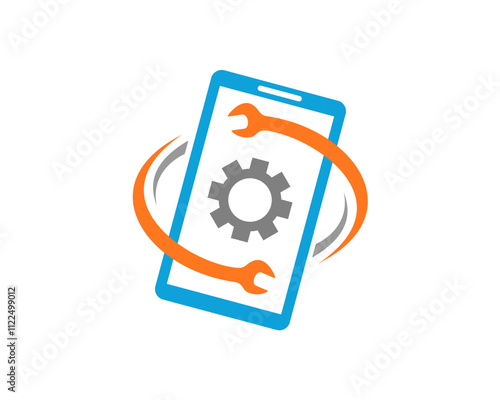 Phone repair with gear and wrench vector logo