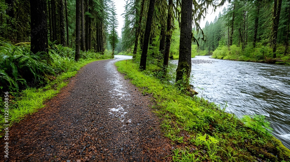 Obraz premium Serene Forest Trail by River, Pacific Northwest - • Nature Photogra.
