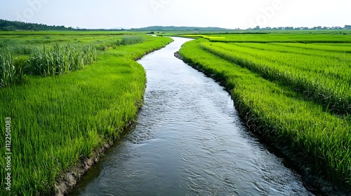 Serene River Flowing Through Rice Paddies - Nature and Sustainabili. photo