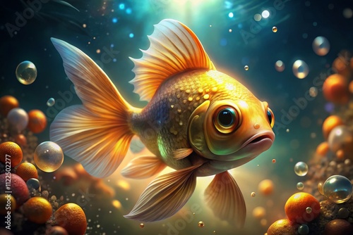 Glowing eyes pierce the dim, a golden fish glides, vibrant fins flashing amidst serene coral, bubbles rising. photo