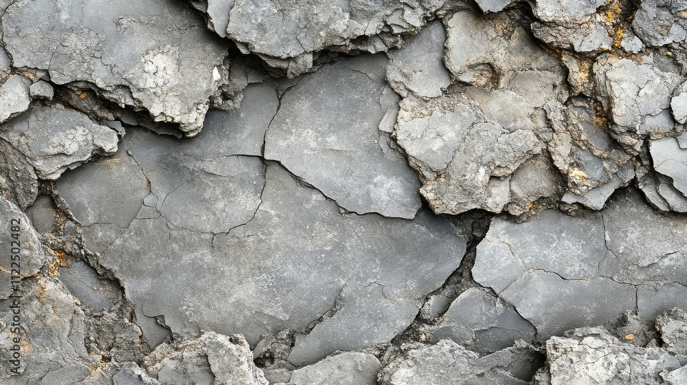 Fototapeta premium Cracked gray plaster wall with rough texture and uneven surface, showcasing natural wear and damage. image evokes sense of decay and neglect