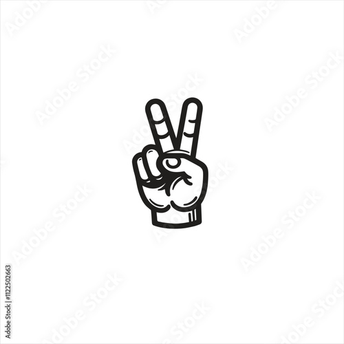 Vector illustration of a hand showing the peace sign, commonly associated with harmony and victory. The black and white design offers a bold and clear representation.