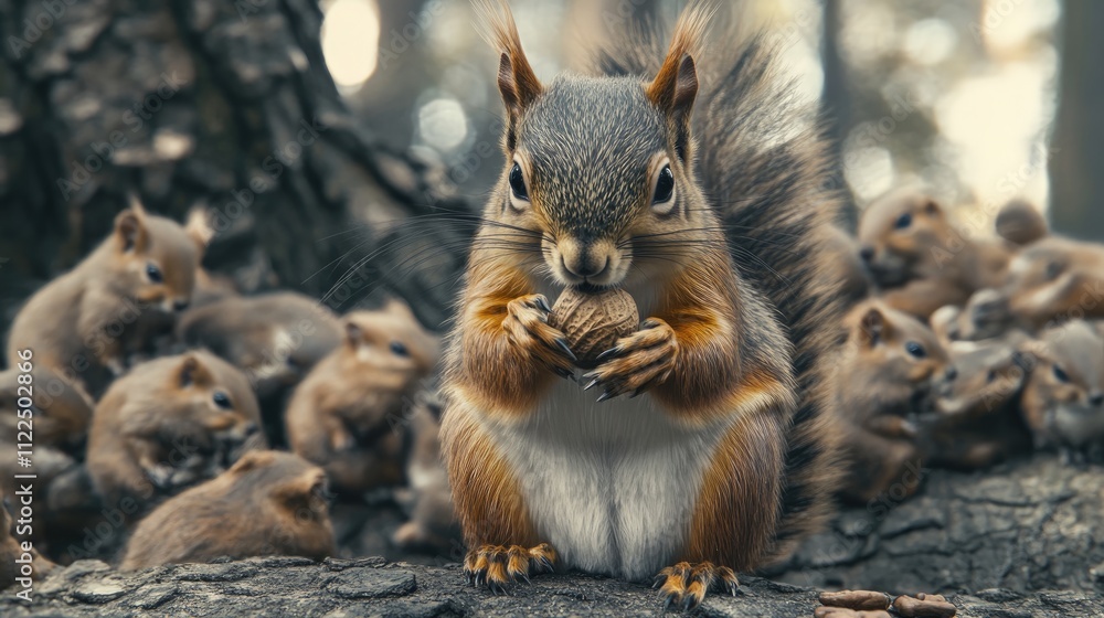 A cute squirrel munching on a nut, showcasing its fluffy fur and small size, surrounded by a playful atmosphere of other adorable rodents A cute squirrel munching on a nut, showcasing its fluffy fur and small size, surrounded by a playful atmosphere of other adorable rodents