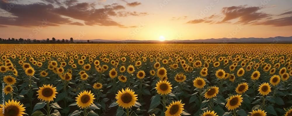 Obraz premium Large field of tall sunflowers stretching as far as the eye can see at sunset , landscape, field