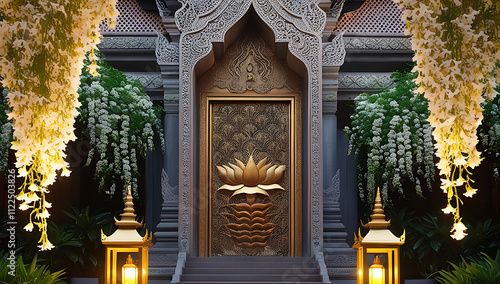 A delicately adorned temple entrance with intricate carvings and cascading jasmine flowers, symbolizing a spiritual gateway.

 photo