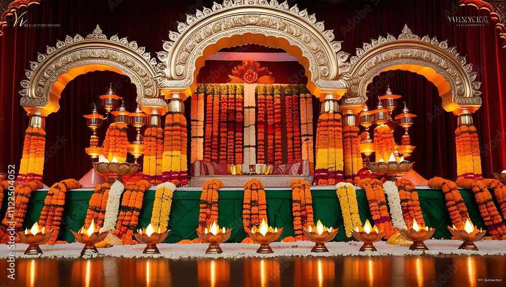 Obraz premium A traditional wedding stage framed by golden arches and draped with vibrant marigold and lotus garlands, surrounded by oil lamps.