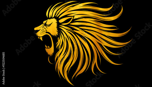  a lion's face, outlined with sleek, continuous golden lines against a solid black background photo