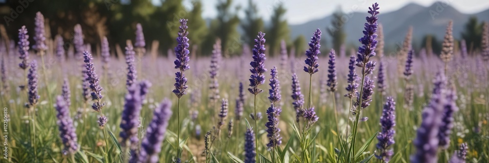 Obraz premium Lavender flowers and stems swaying in the breeze on a warm summer day, floral arrangement, color palette