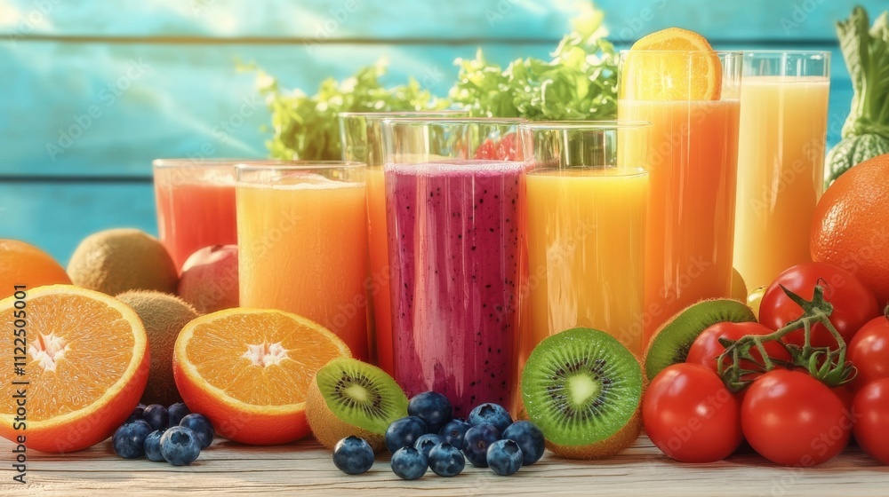 Fototapeta premium There are various fruits and drinks on the wooden table