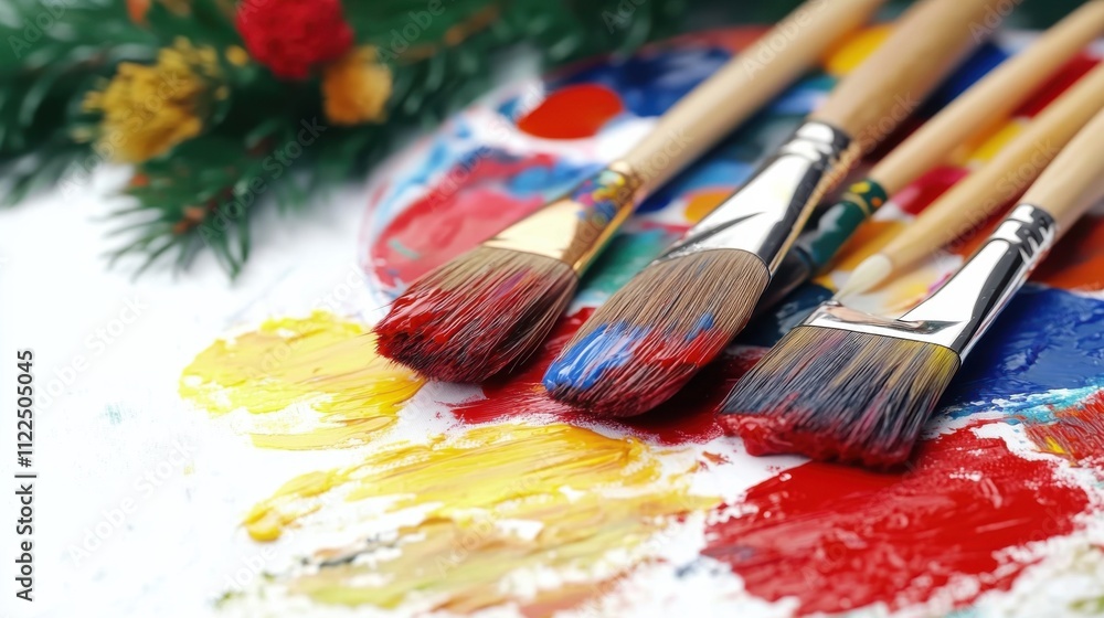 Fototapeta premium Oil painting brushes and applied oil paintings