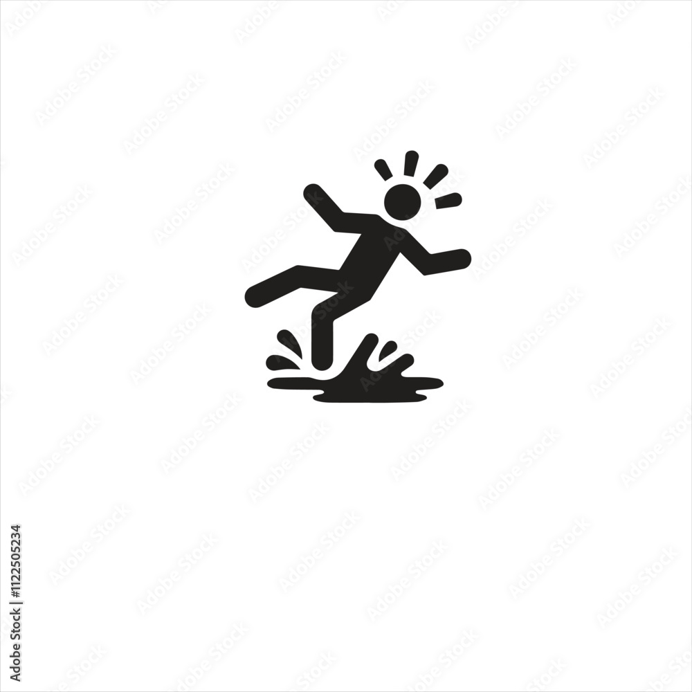 Fototapeta premium Silhouette icon of a person slipping on a wet surface, symbolizing caution, accident, and safety concerns. Ideal for depicting workplace hazards, liability, or risk scenarios.