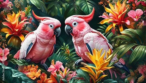 A vibrant and colorful illustration featuring two pink cockatoos perched amidst lush tropical foliage and exotic flowers.   photo