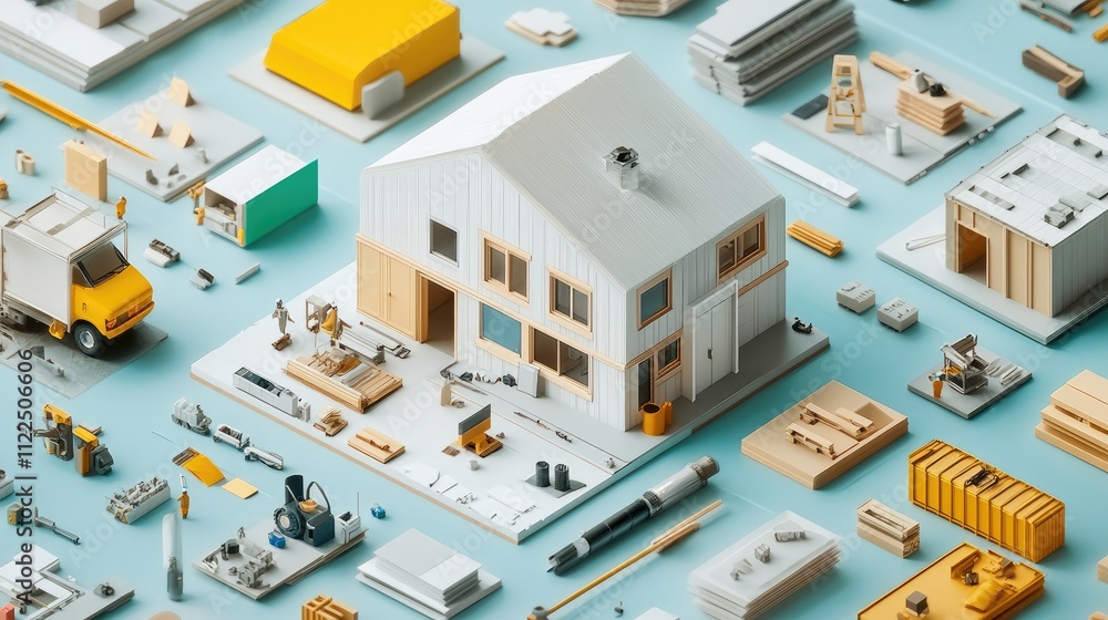 Obraz premium A colorful arrangement of construction tools and materials surrounding a model house.