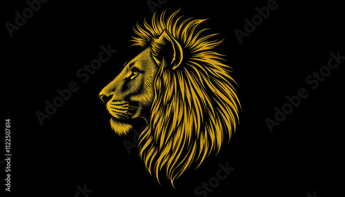  a lion's face, outlined with sleek, continuous golden lines against a solid black background photo