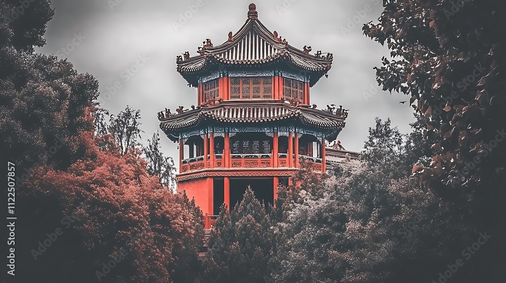Elegant Pagoda Amidst Lush Autumn Foliage Elegant Pagoda Amidst Lush Autumn Foliage