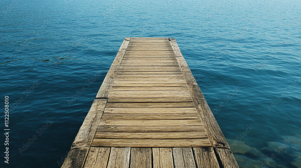 Fototapeta premium Wooden pier extending over calm blue water at a tranquil lakeside