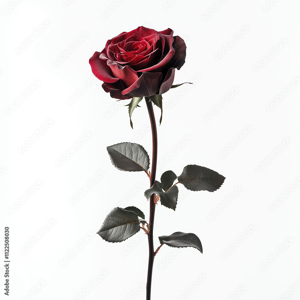 Fototapeta premium Single red rose with a tall stem, isolated on a white background