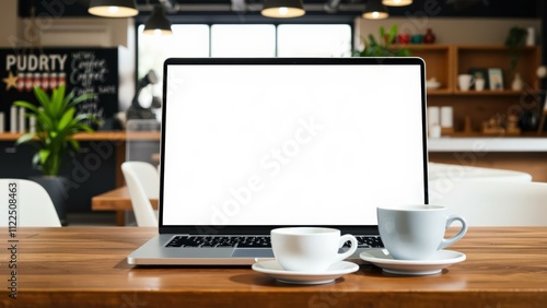 Modern Workspace: Laptop, Coffee Cups, and Cozy Cafe Ambiance