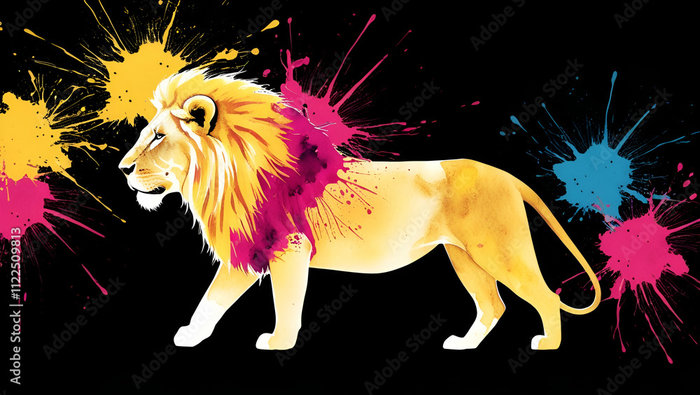 Obraz premium a lion in profile, created using a watercolor splash effect in bright tones of yellow, magenta, and cyan