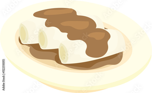 Rolled Dim Sum with Brown Sauce Illustration.