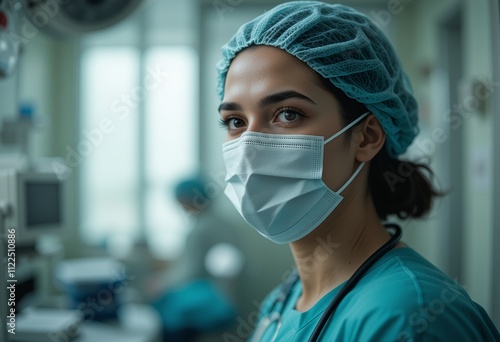 Portrait of a professional surgeon in medical uniform with stethoscope in a hospital setting, representing healthcare and surgical expertise. photo