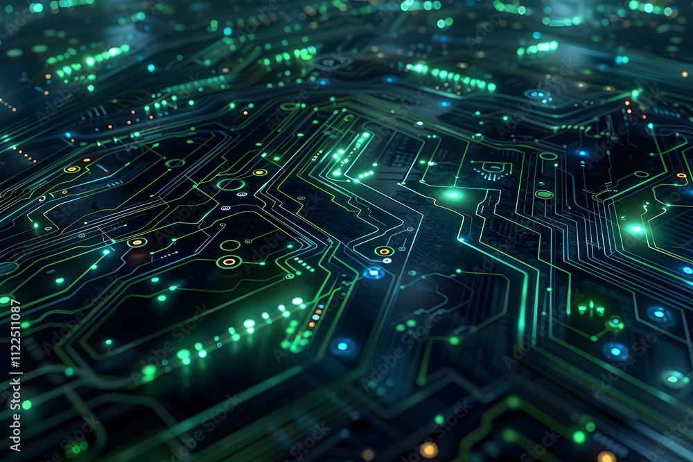 Obraz premium Illuminated Circuit Board with Glowing Green Lines and Circles