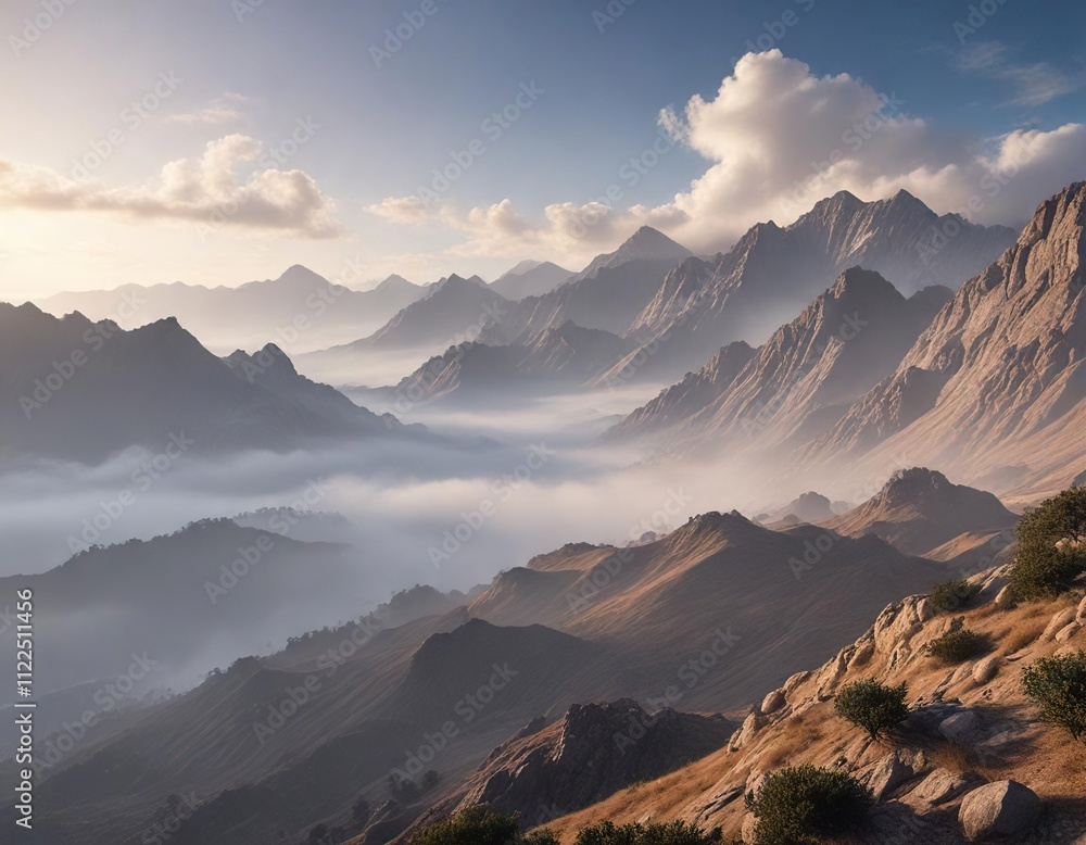 Fototapeta premium Morning fog and clouds over the Jebel Jais mountain range , UAE, Jebel Jais