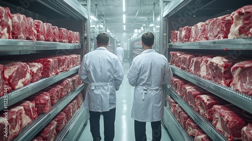 Two workers in white coats walking through the meat processing plant